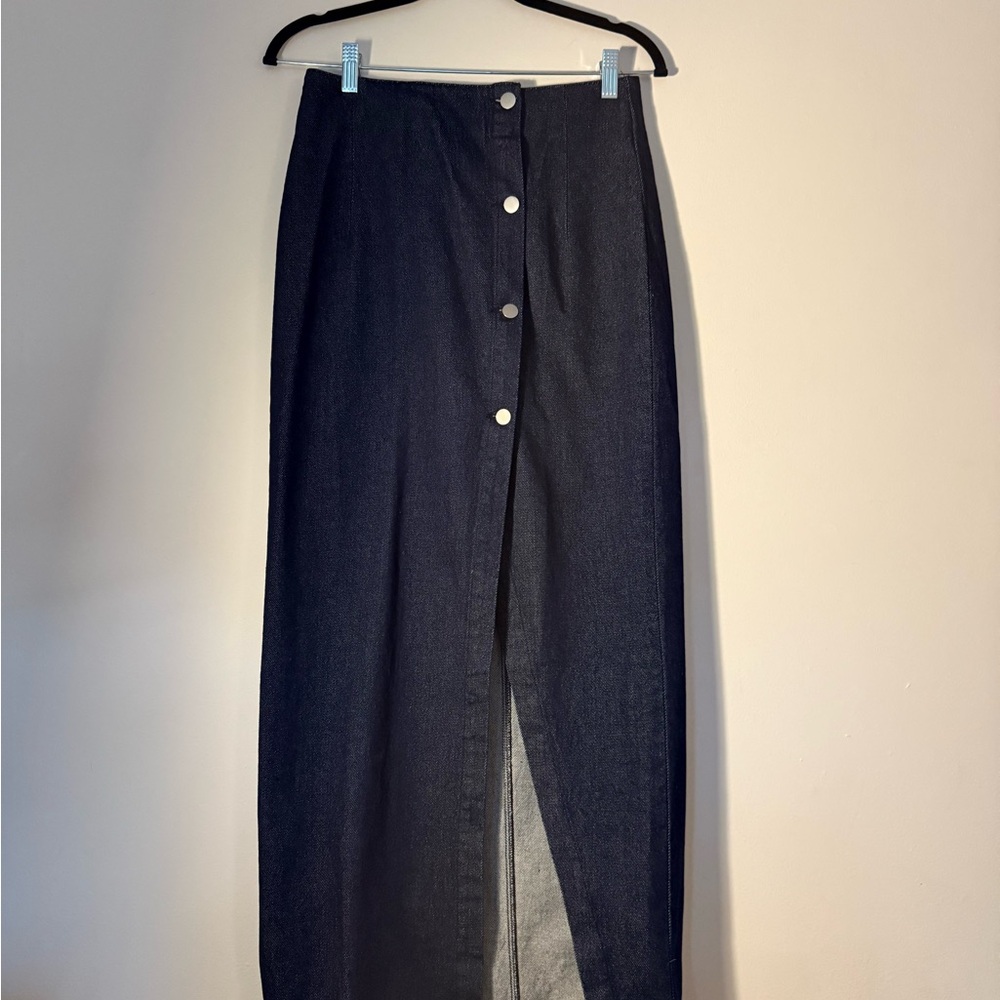 Elegant Dark Denim Button-Down Pencil Maxi Skirt